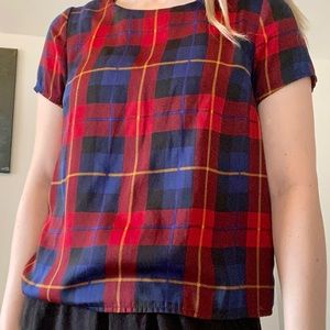 Red and blue plaid blouse